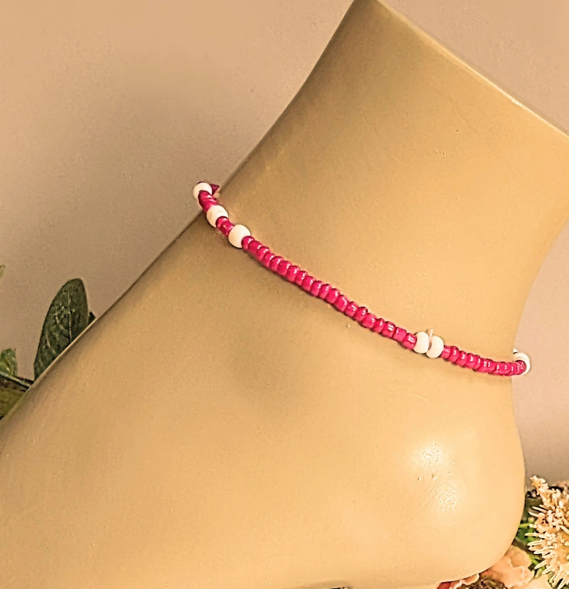 Beaded Stretch Cord Anklet-Fuchsia