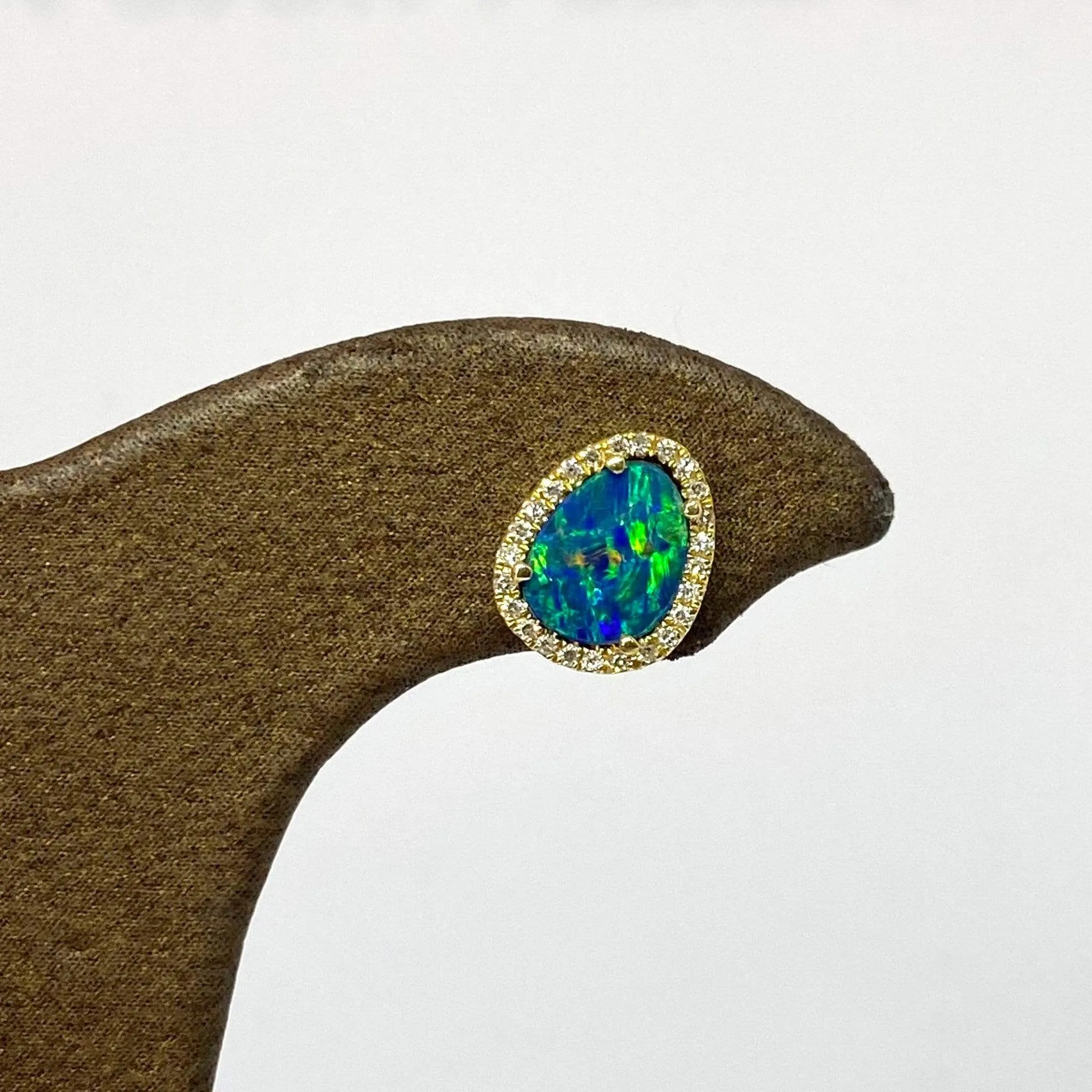 Black Opal Freeform Doublet Diamond Halo Post Earrings 14KY