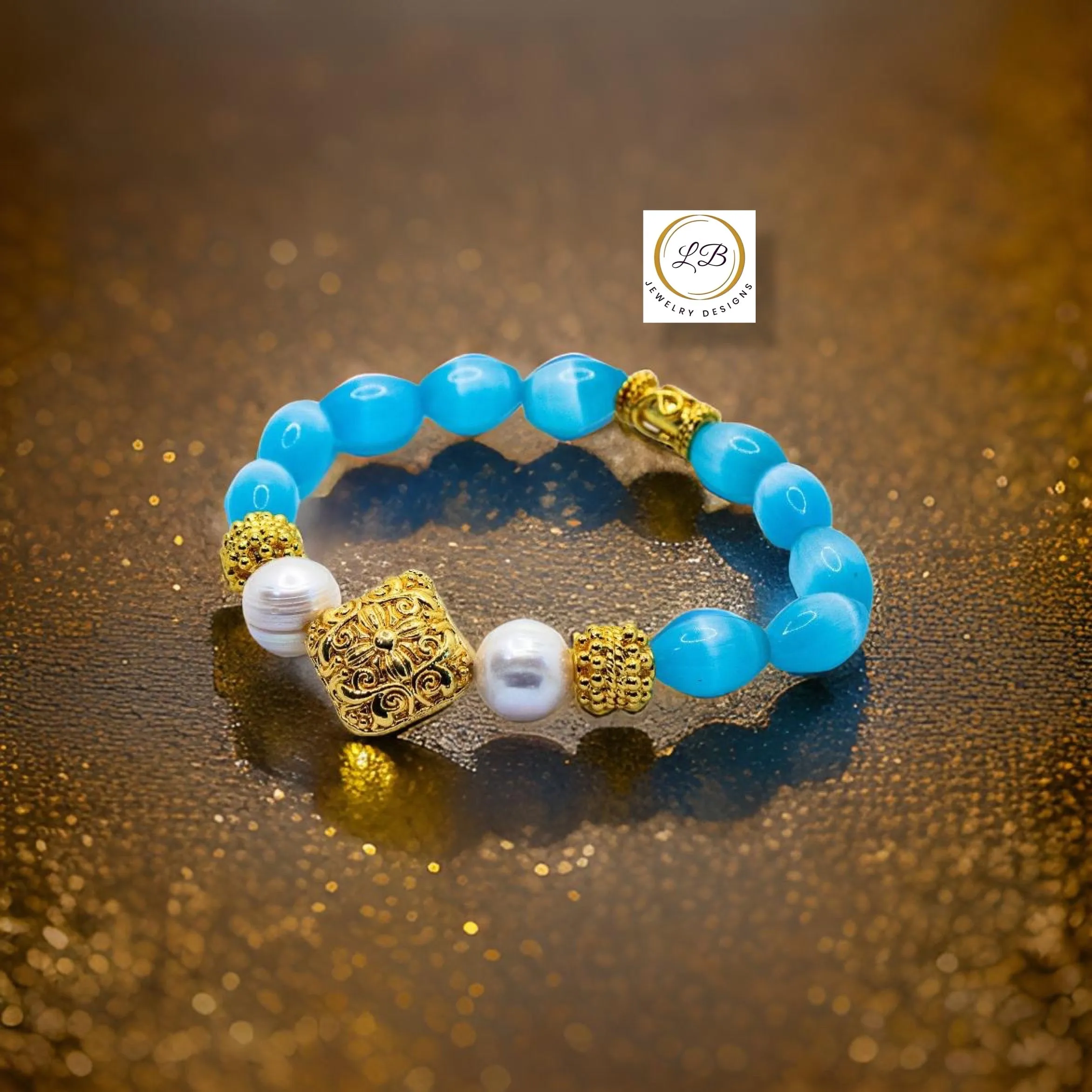 Blue Mexican Fire Opal & Pearl Gemstone Gold Bali Bracelet