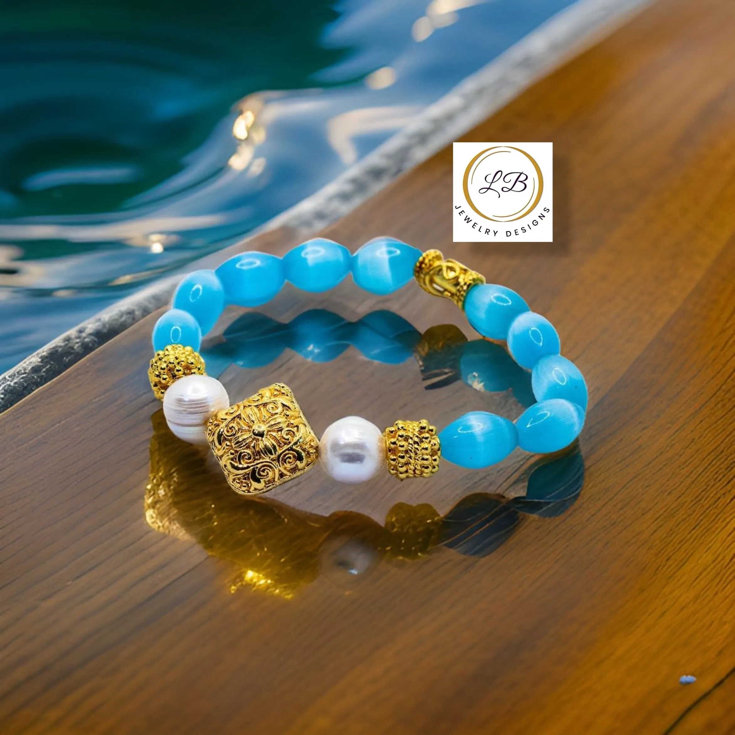 Blue Mexican Fire Opal & Pearl Gemstone Gold Bali Bracelet