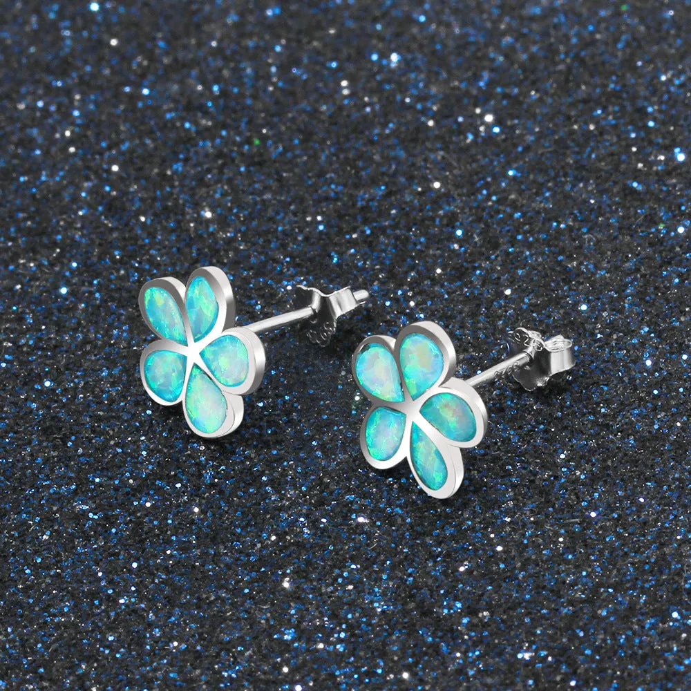 Blue Opal Windmill Flower Sterling Silver Stud Earrings