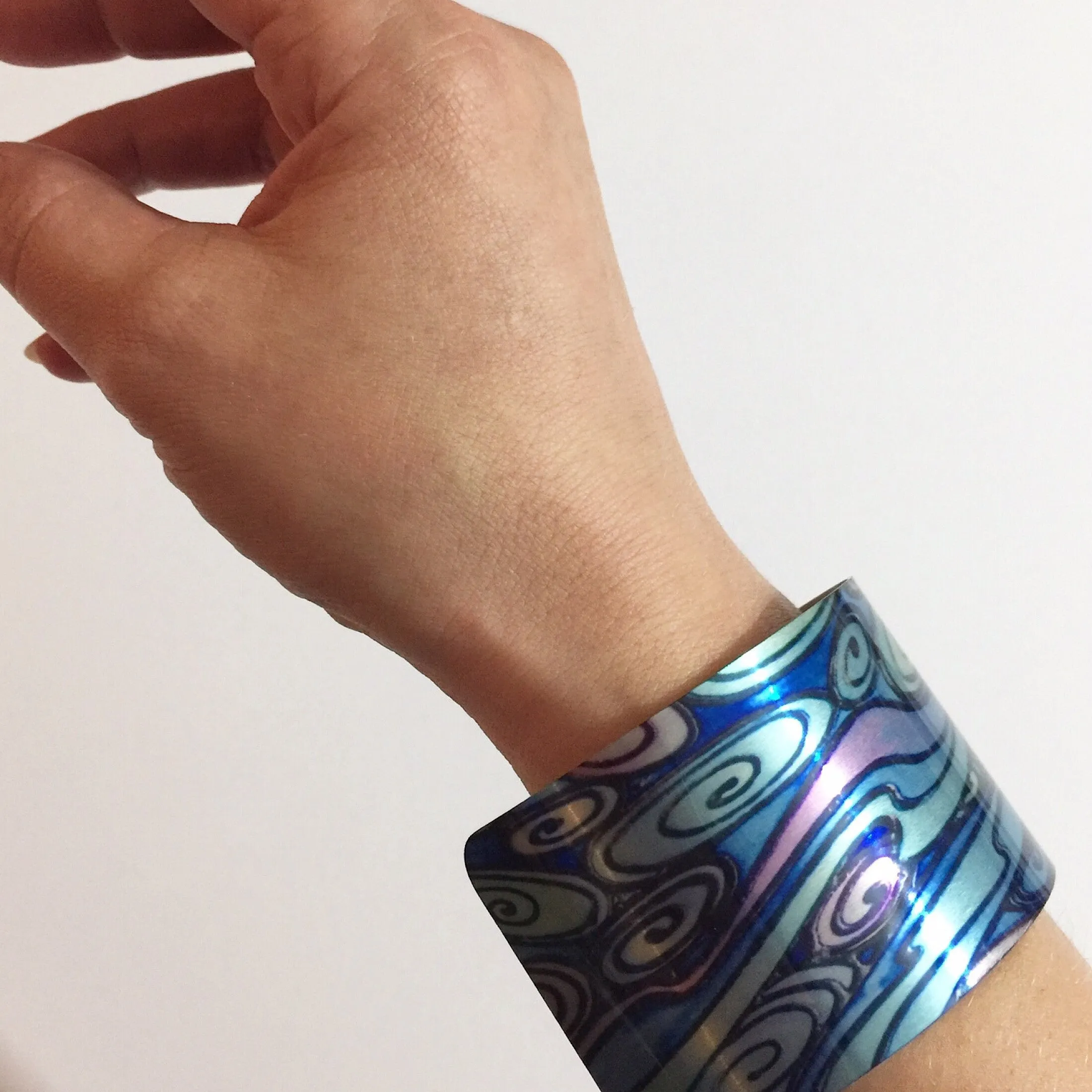 Blue Pebbles Cuff Bracelet, Comtemporary Bracelet in easy wear lightweight aluminium.