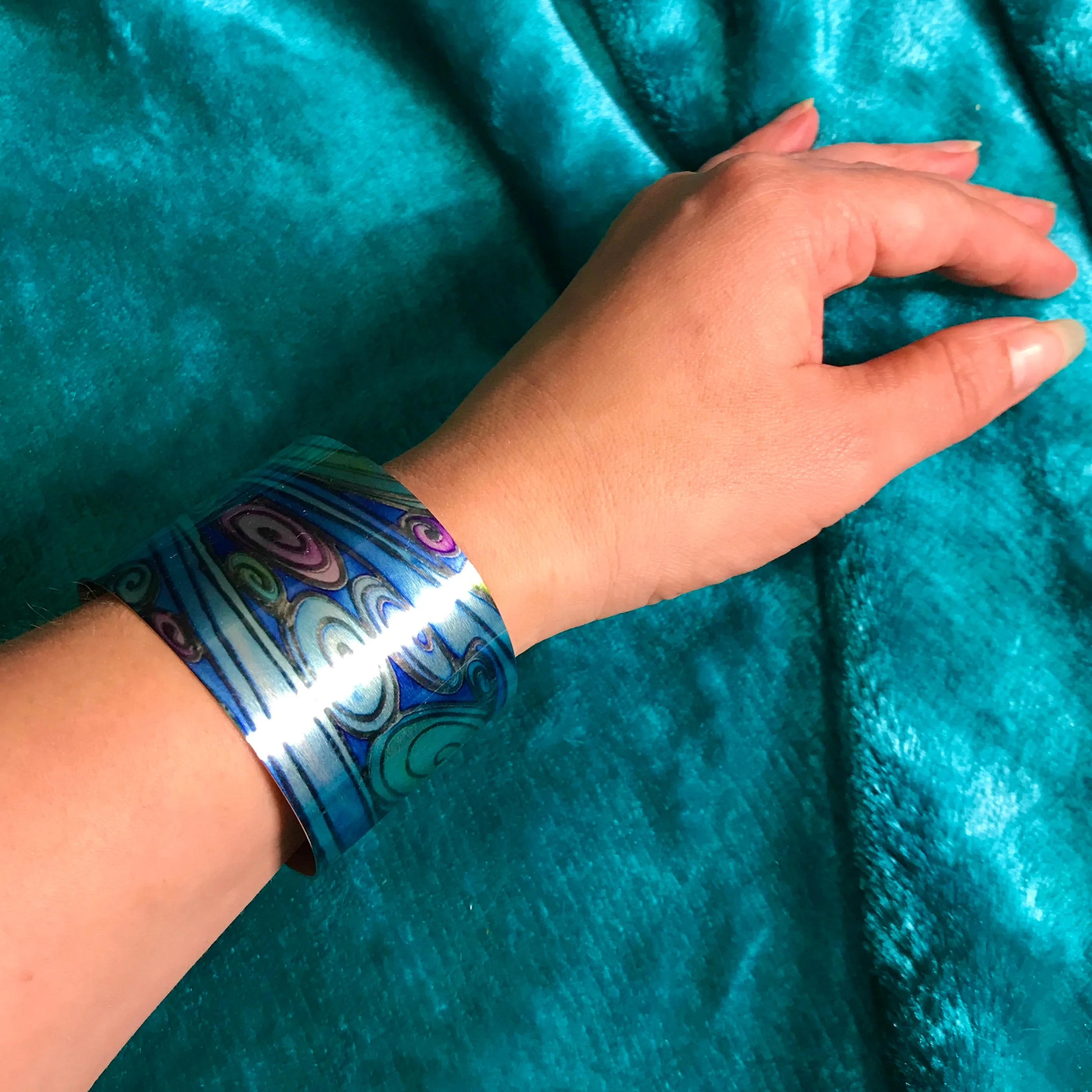 Blue Pebbles Cuff Bracelet, Comtemporary Bracelet in easy wear lightweight aluminium.