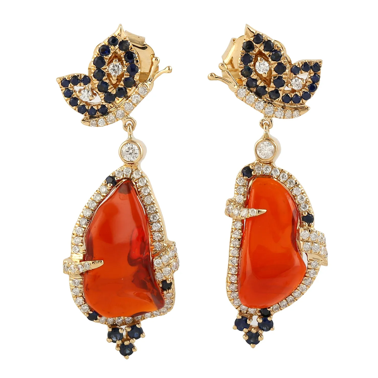 Blue Sapphire Pave Diamond Uneven Fire Opal Butterfly Danglers In 18k Yellow Gold