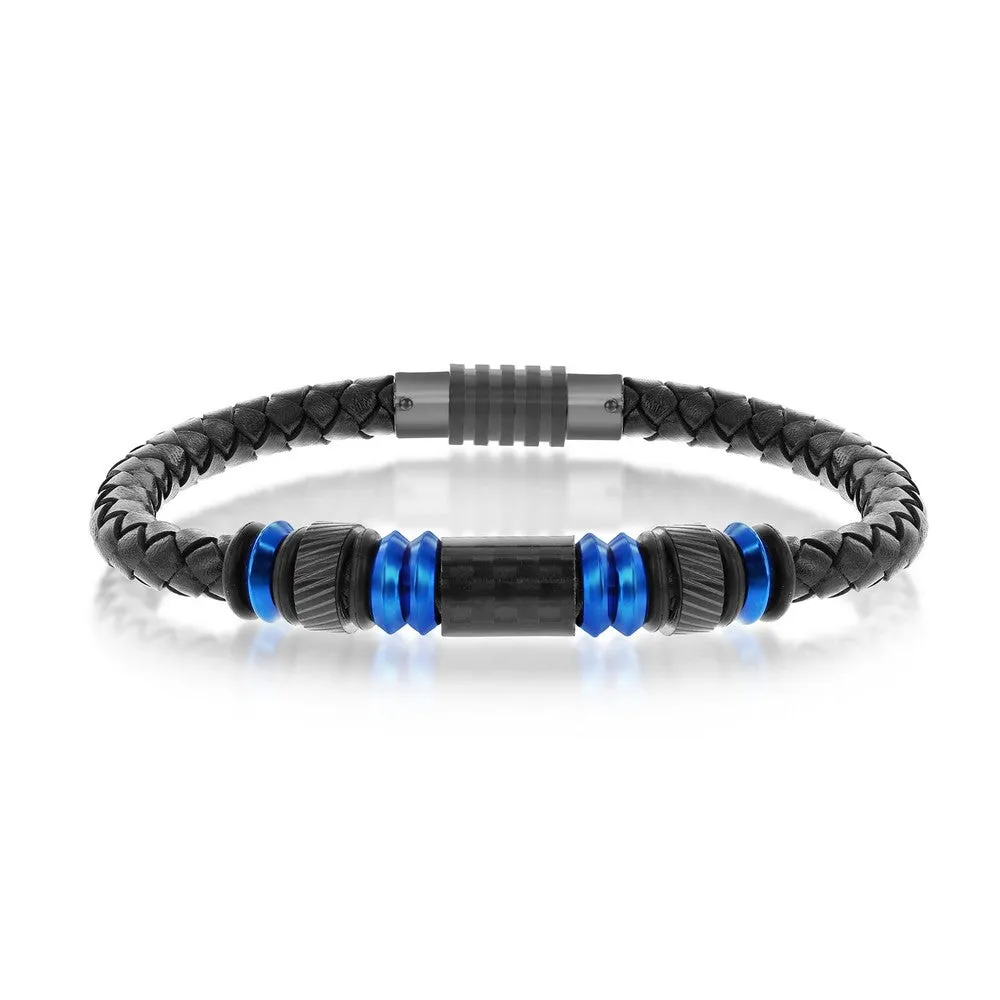 Blue Stainless Steel w/ Black Carbon Fiber Genuine Leather Bracelet (97638)