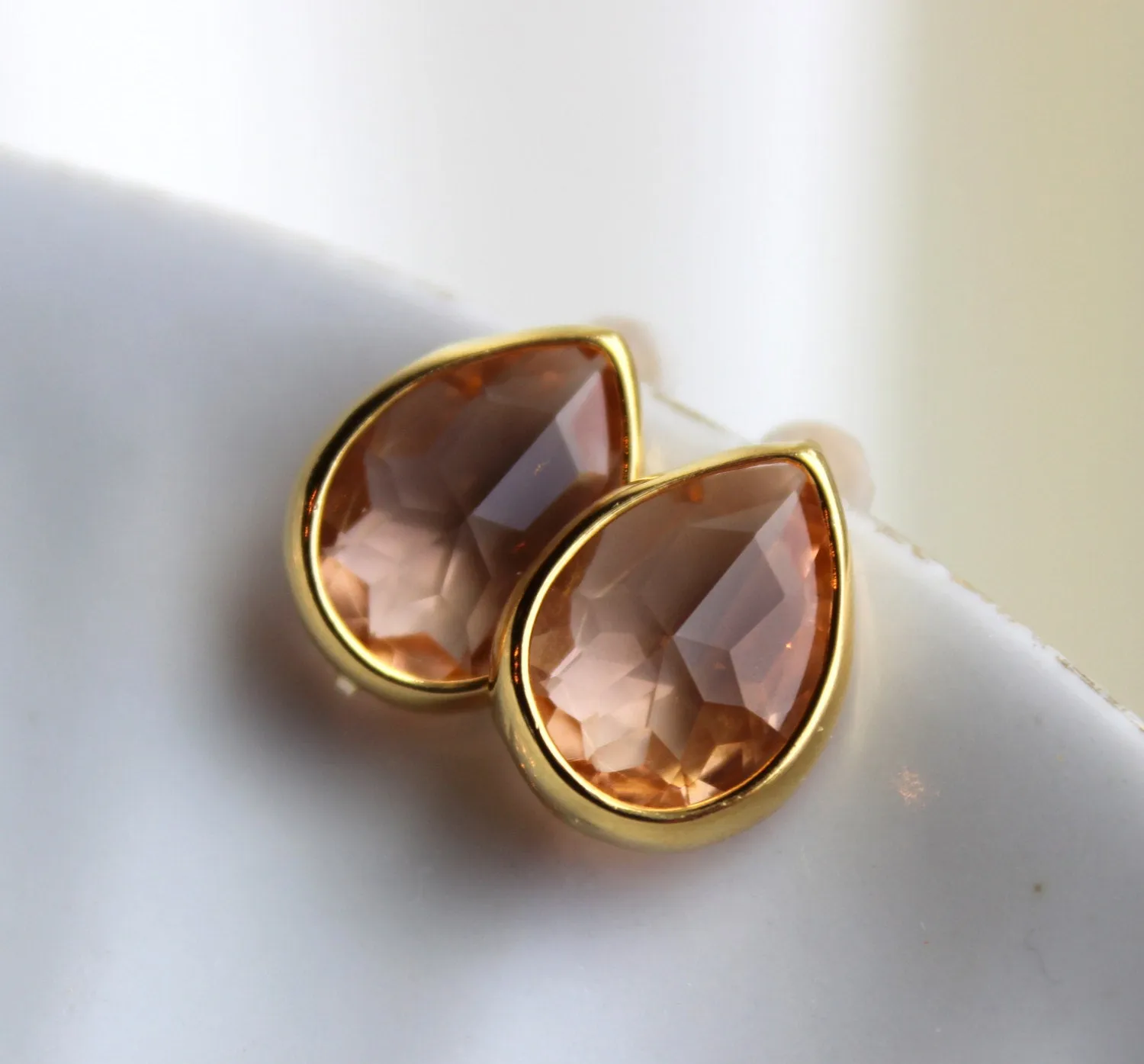 Blush Champagne Teardrop Stud Earrings Gold Plated - Peach Stud Earrings - Pink Post Earrings - Gold Teardrop Post Earrings - Blush Wedding