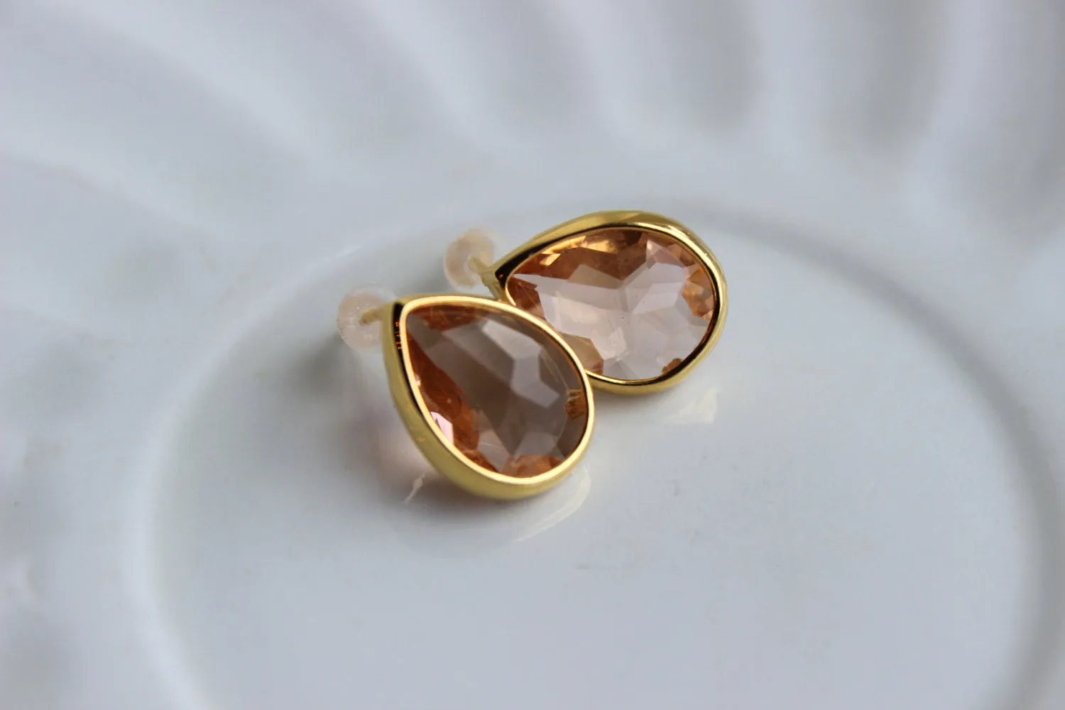 Blush Champagne Teardrop Stud Earrings Gold Plated - Peach Stud Earrings - Pink Post Earrings - Gold Teardrop Post Earrings - Blush Wedding