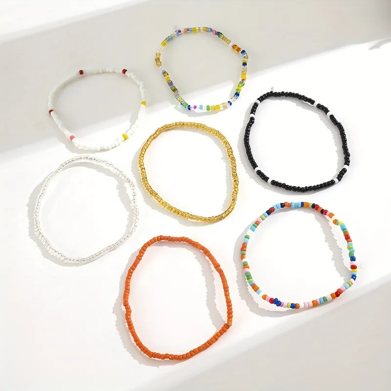 Boho Beaded Anklet Set 7 Handmade Stackable Bracelets