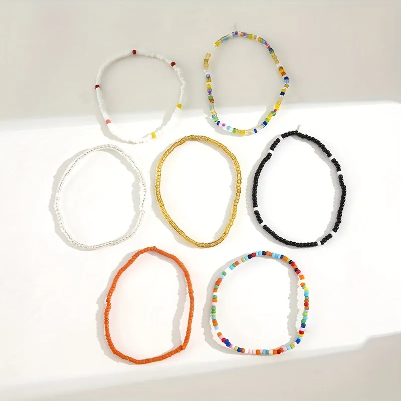 Boho Beaded Anklet Set 7 Handmade Stackable Bracelets