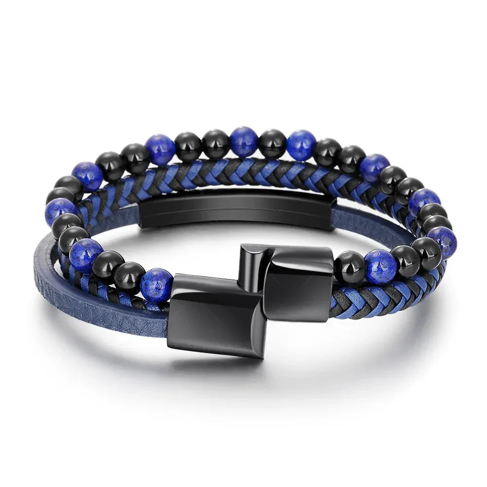 Bracelet pour Homme à 3 rangées en simili cuir avec Perles Noires & Bleues ou Rouges très tendance ! (2 Coloris/Livraison OFFERTE)