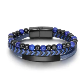 Bracelet pour Homme à 3 rangées en simili cuir avec Perles Noires & Bleues ou Rouges très tendance ! (2 Coloris/Livraison OFFERTE)