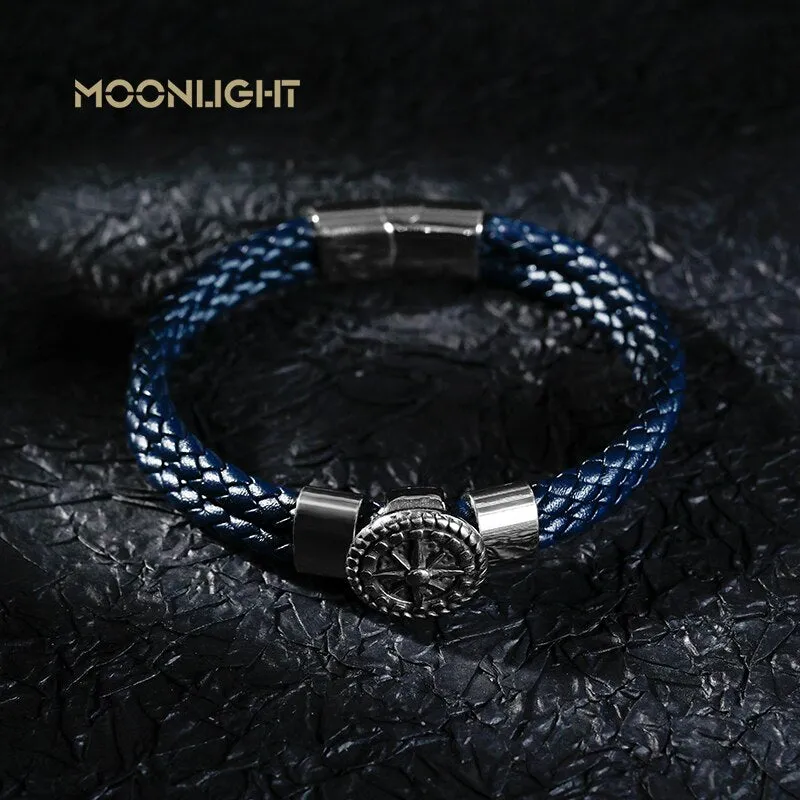 Braided Leather Ship's Wheel Luxury Stainless Steel Bracelet