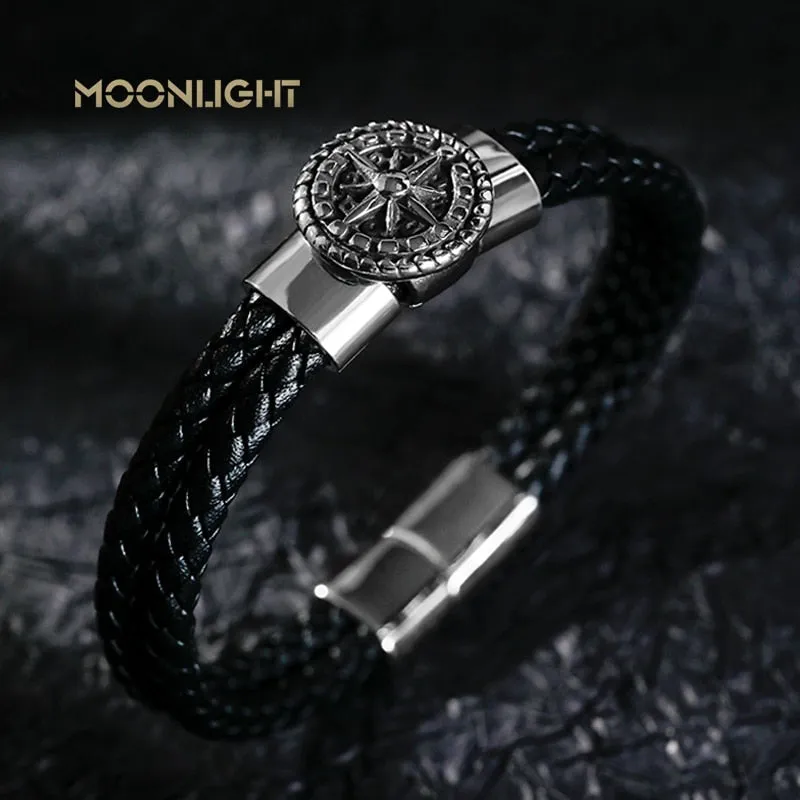 Braided Leather Ship's Wheel Luxury Stainless Steel Bracelet