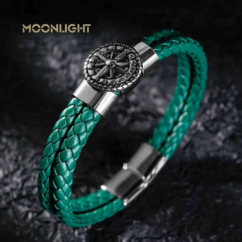 Braided Leather Ship's Wheel Luxury Stainless Steel Bracelet