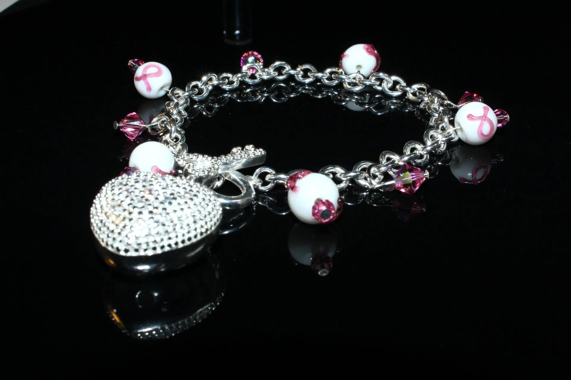 Cancer Awareness Swarovski Pink Ribbon Silver Heart Charm Bracelet