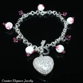 Cancer Awareness Swarovski Pink Ribbon Silver Heart Charm Bracelet