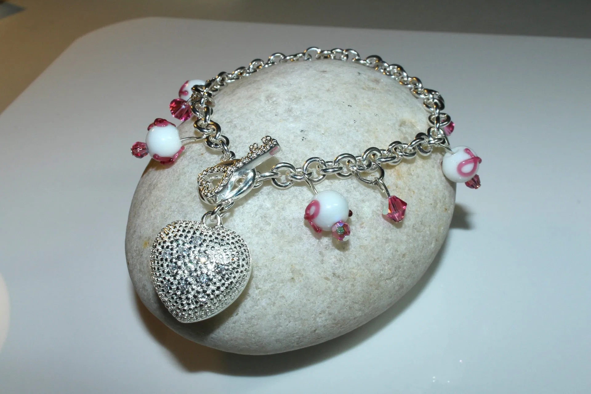 Cancer Awareness Swarovski Pink Ribbon Silver Heart Charm Bracelet