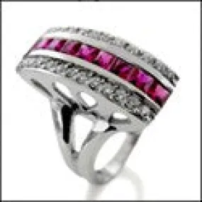 Channel Set Ruby Princess Cut Cubic Zirconia Right Hand 14k White Gold Ring