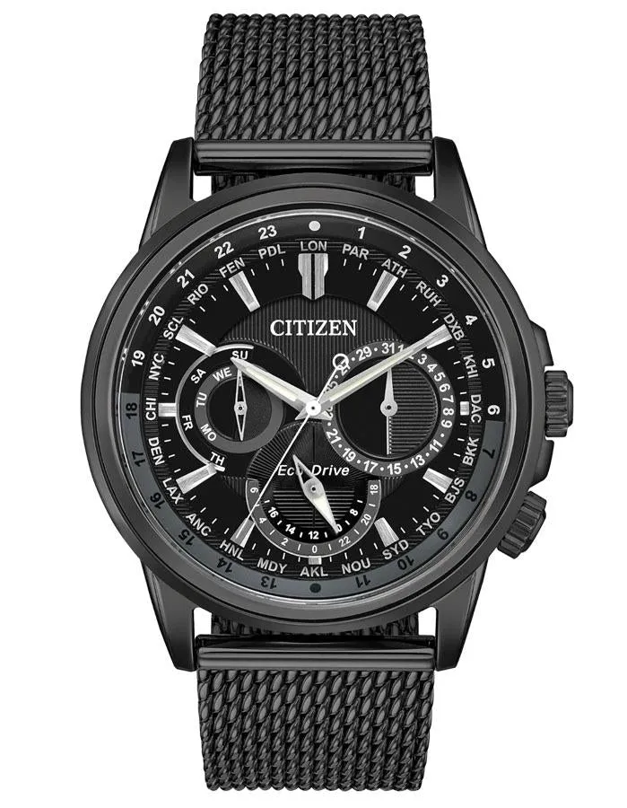 Citizen Mens Eco-Drive Calendrier Watch - Black Metal -Black Dial -Mesh Bracelet