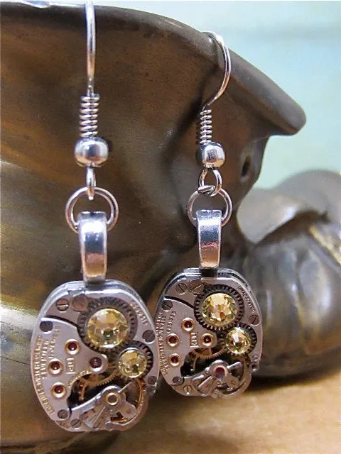 Citrine  - Steampunk Earrings - Repurposed art