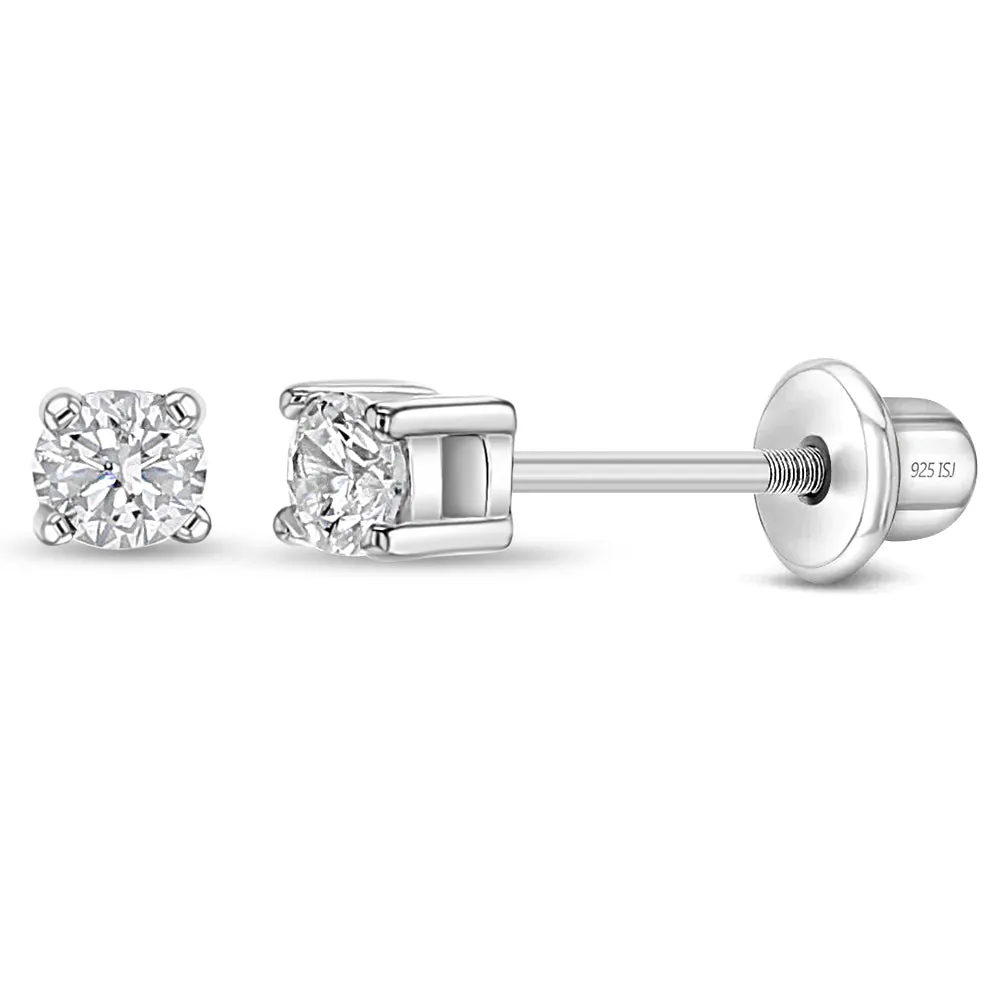 Classic Setting Solitaire 2-5mm Baby / Toddler / Kids Earrings Screw Back - Sterling Silver