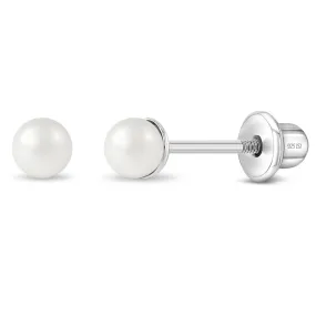 Classic Simulated Pearl White 3-5mm Kids Earrings Screw Back - Sterling Silver