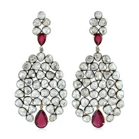 Classy 18k Gold Natural Uncut Diamond Drop/Dangle Earrings Ruby Glass Fild 925 Silver Jewelry