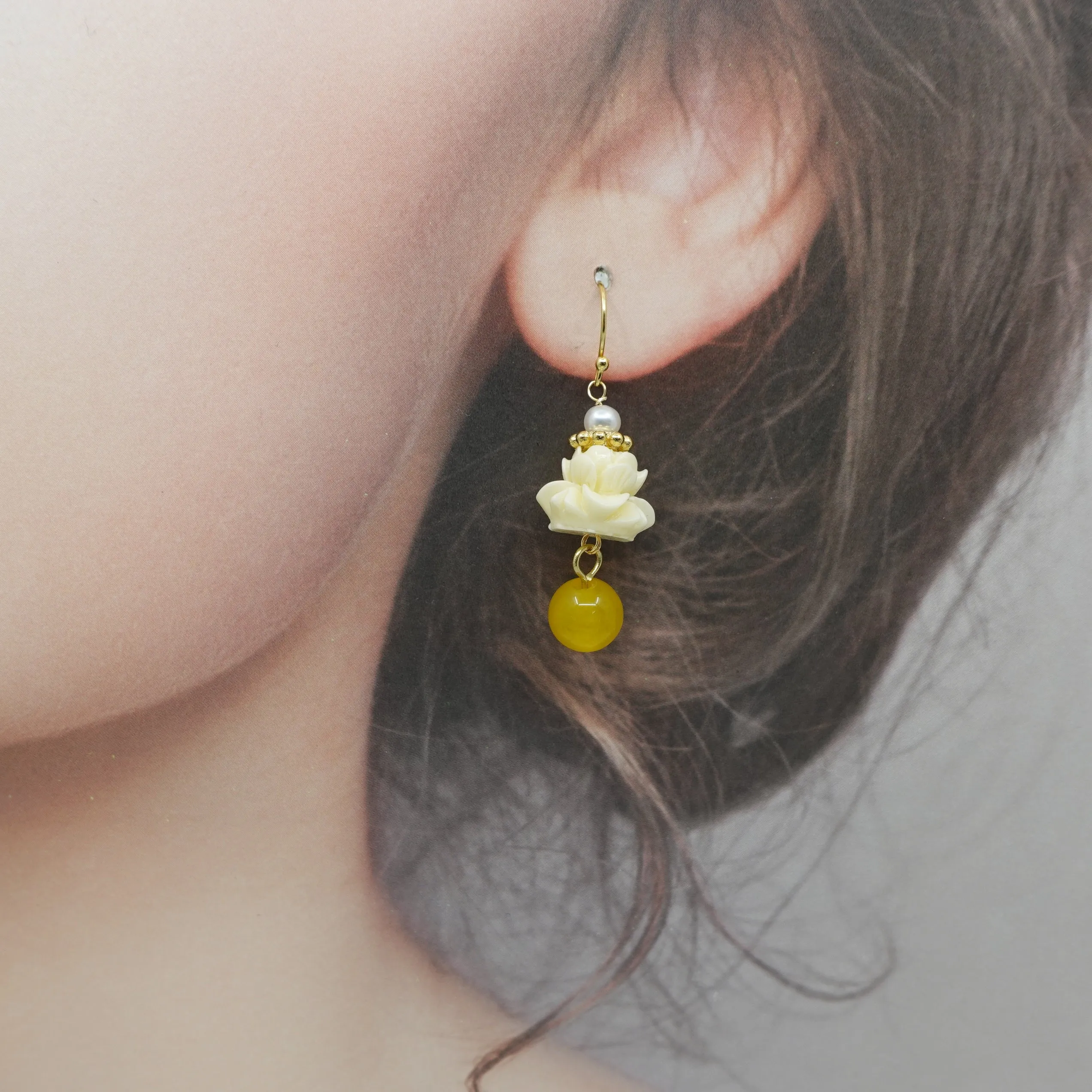 Coral Lotus Earrings - Yellow Jade