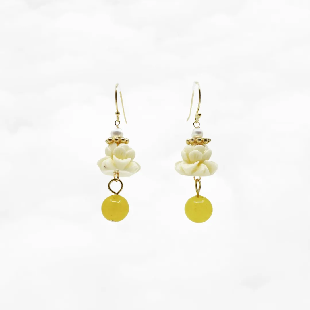 Coral Lotus Earrings - Yellow Jade