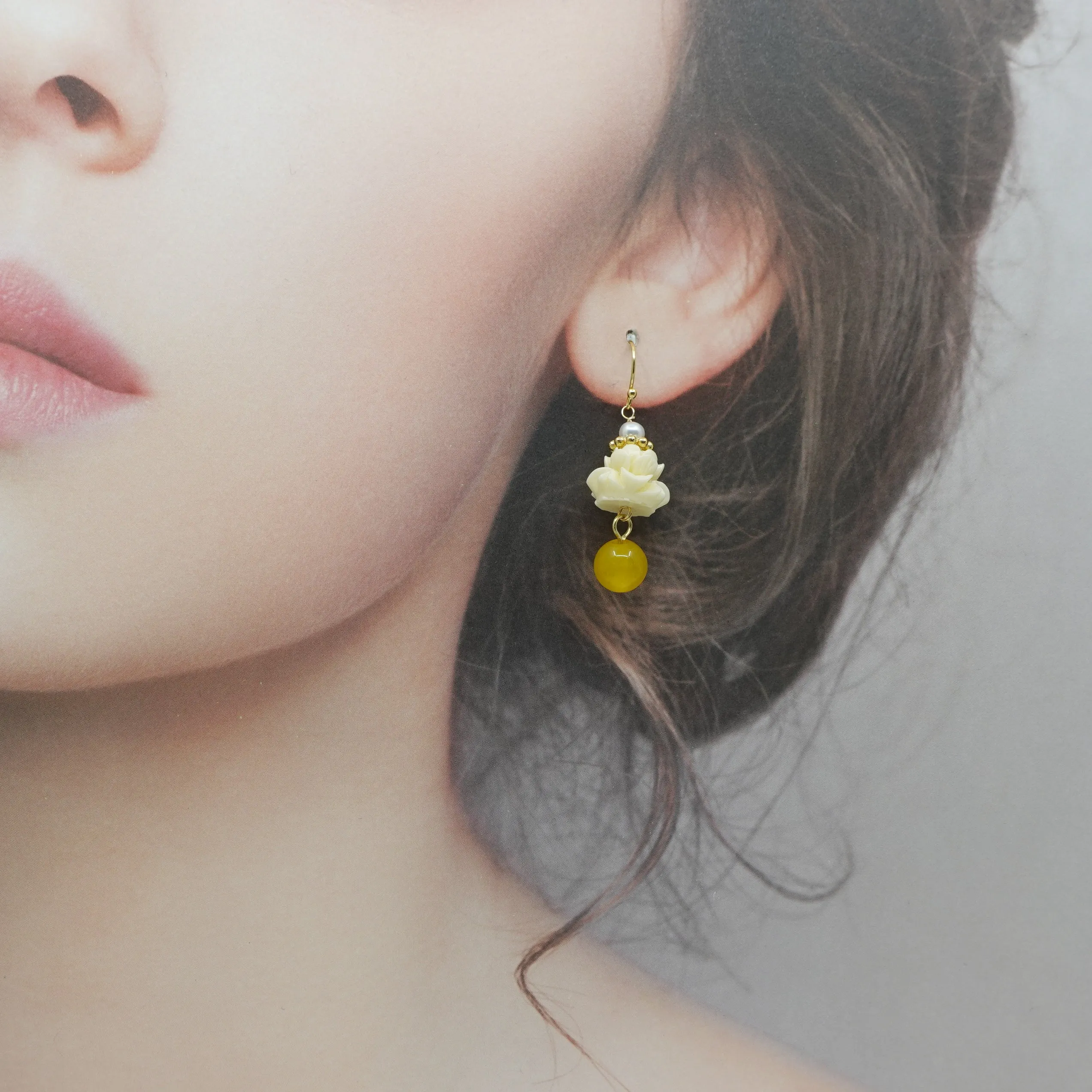 Coral Lotus Earrings - Yellow Jade