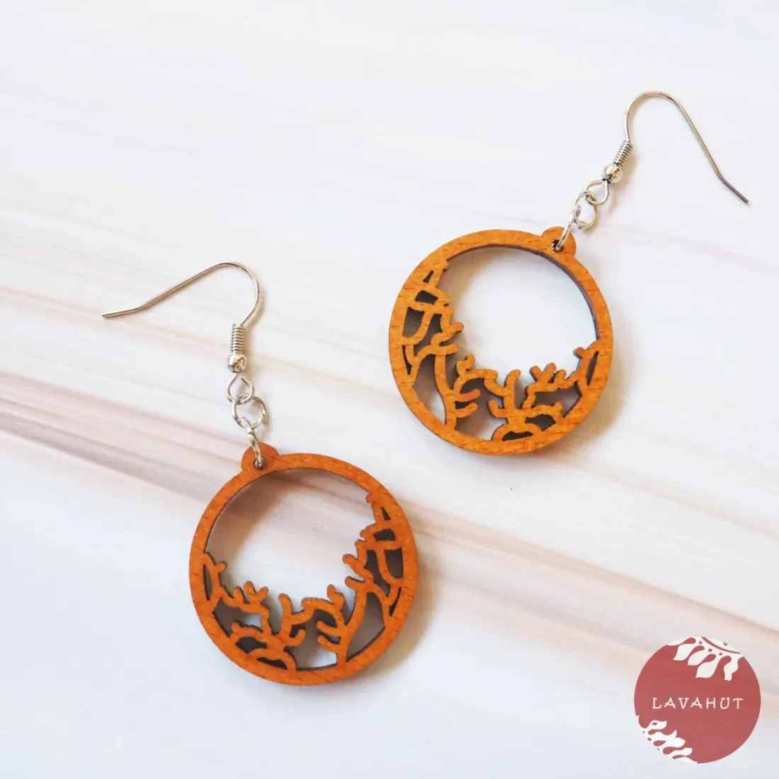 Coral Wooden Drop Earrings