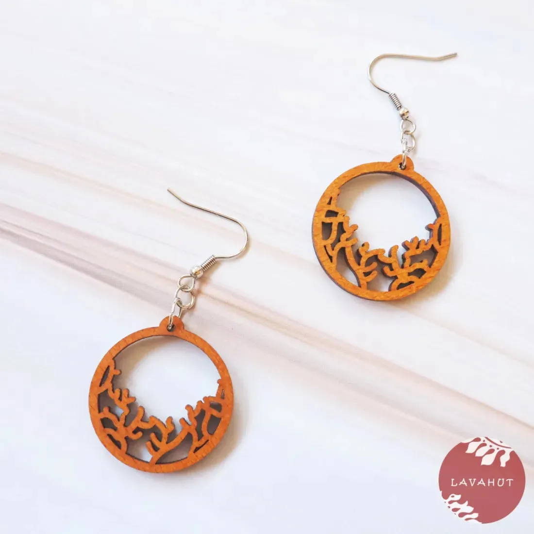 Coral Wooden Drop Earrings