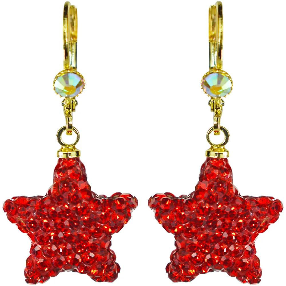 Crystal Pave Star Leverback Earrings (Goldtone/Ruby Red)