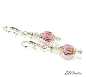 Dazzling Pink Rose Cube Crystal Earrings