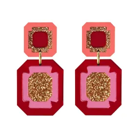 Double Gem Drop Earrings - Red