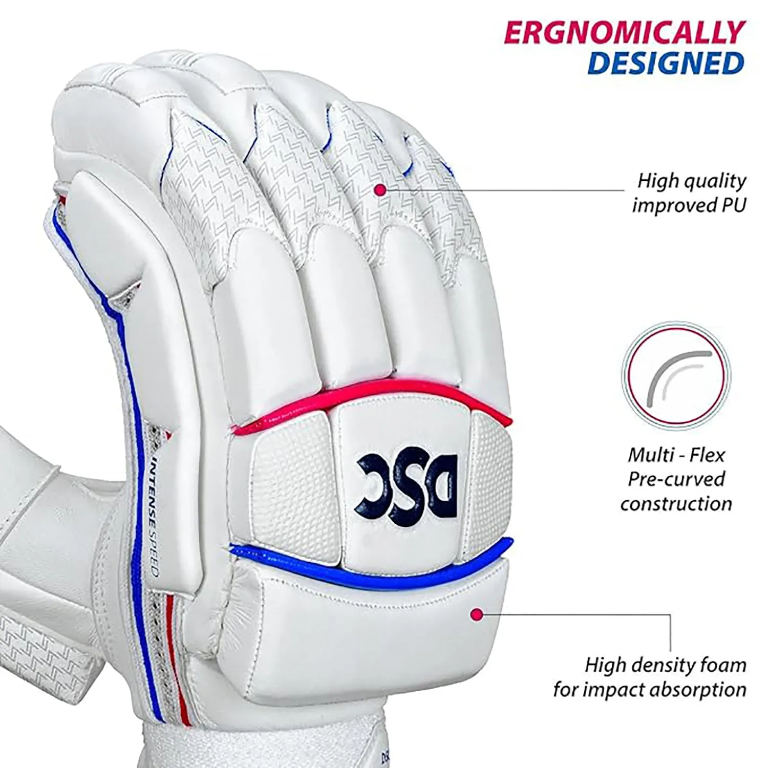 DSC Intense Speed Right-Hand Men’s Leather Cricket Batting Gloves – High Protection & Superior Grip(White/Red/Blue)