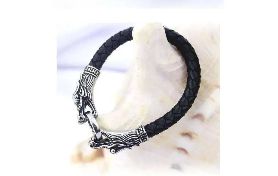 Dueling Dragons Titanium Leather Rope Bracelet for Men