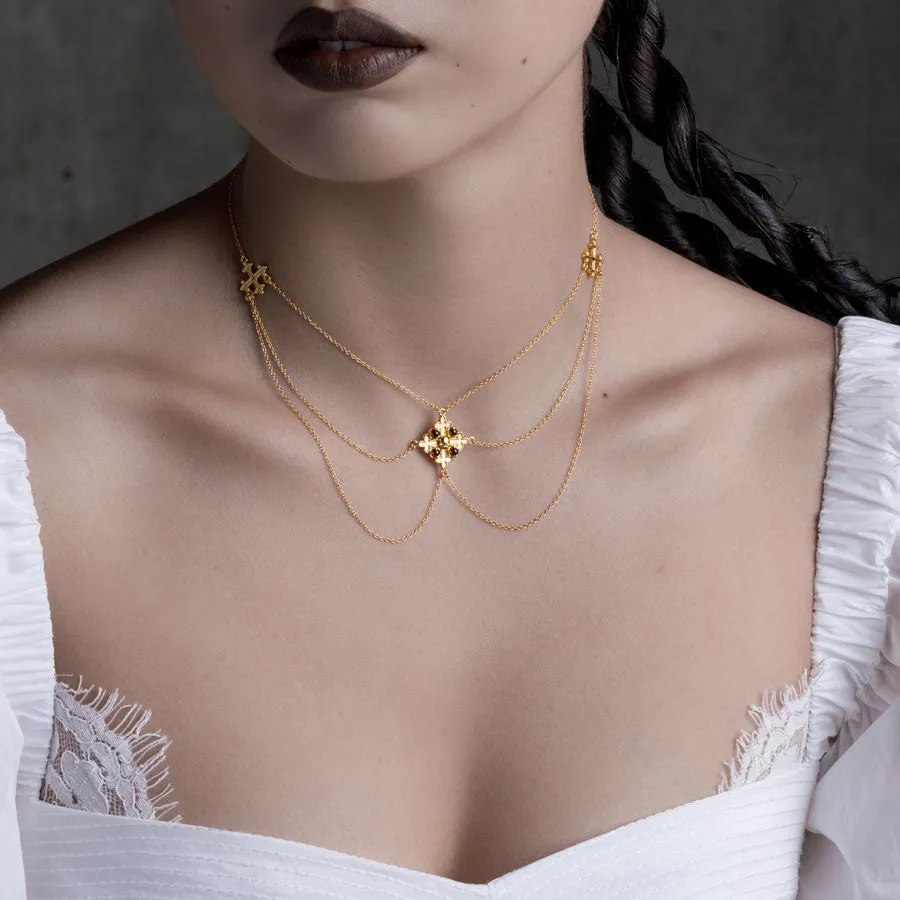 ELVIRA. Medieval Cross Garnet Necklace  - Gold