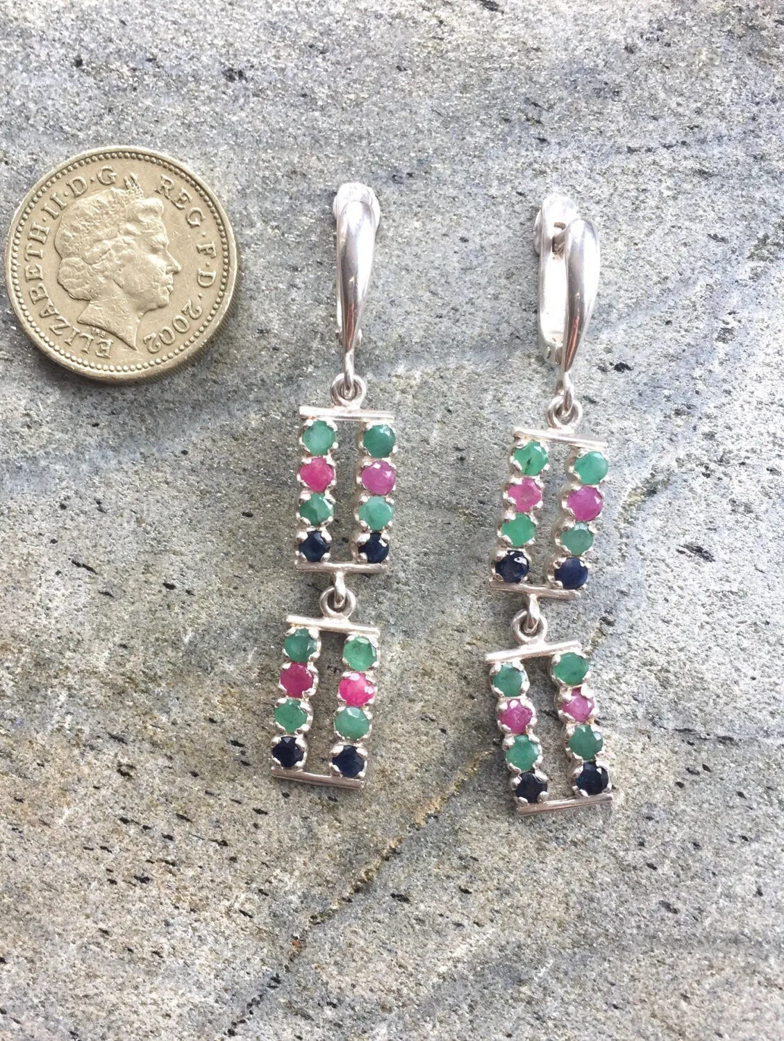 Emerald Dangling Earrings - Long Silver Earrings - Multistone Statement Earrings