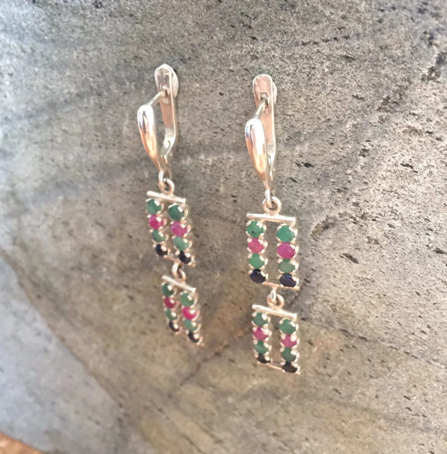 Emerald Dangling Earrings - Long Silver Earrings - Multistone Statement Earrings