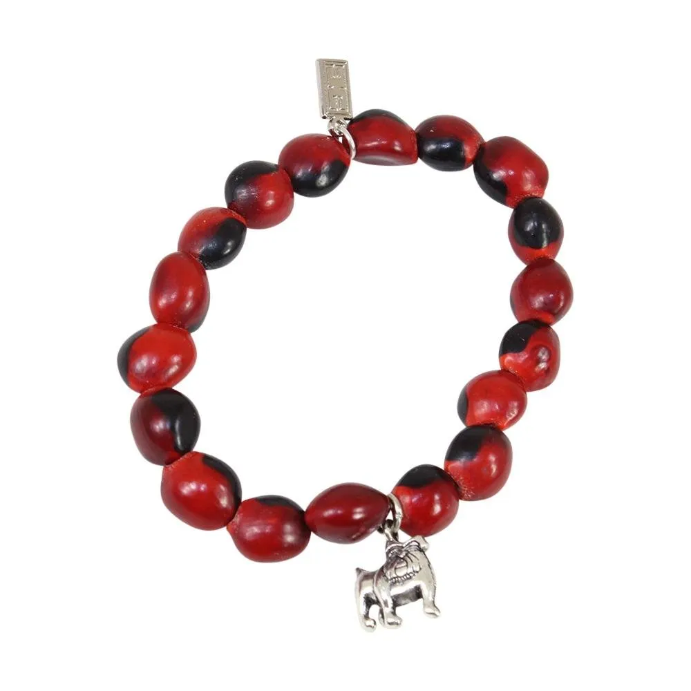 English Bulldog Charm Stretchy Bracelet w/Meaningful Good Luck, Prosperity, Love Huayruro Seeds