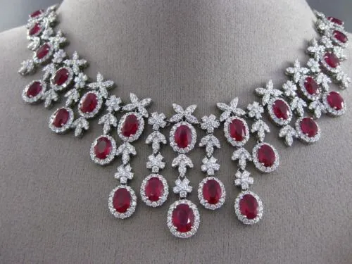 ESTATE EXTRA LARGE CERTIFIED 43.78CT DIAMOND & RUBY 18KT WHITE GOLD NECKLACE E/F