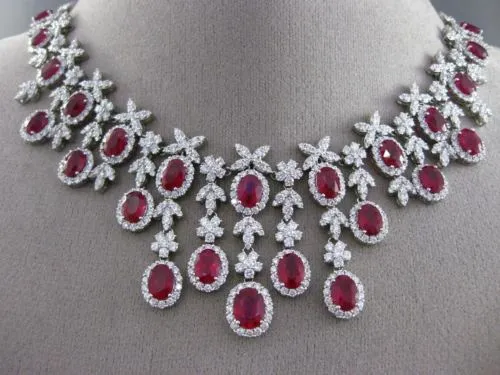 ESTATE EXTRA LARGE CERTIFIED 43.78CT DIAMOND & RUBY 18KT WHITE GOLD NECKLACE E/F