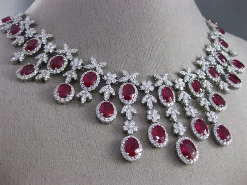 ESTATE EXTRA LARGE CERTIFIED 43.78CT DIAMOND & RUBY 18KT WHITE GOLD NECKLACE E/F