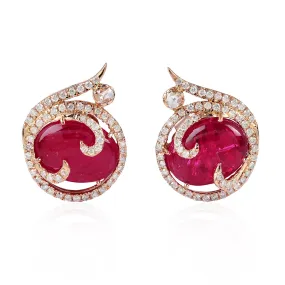 Exquisite 18K Rose Gold Prong Diamond Oval Ruby Precious Gemstone Stud Earrings