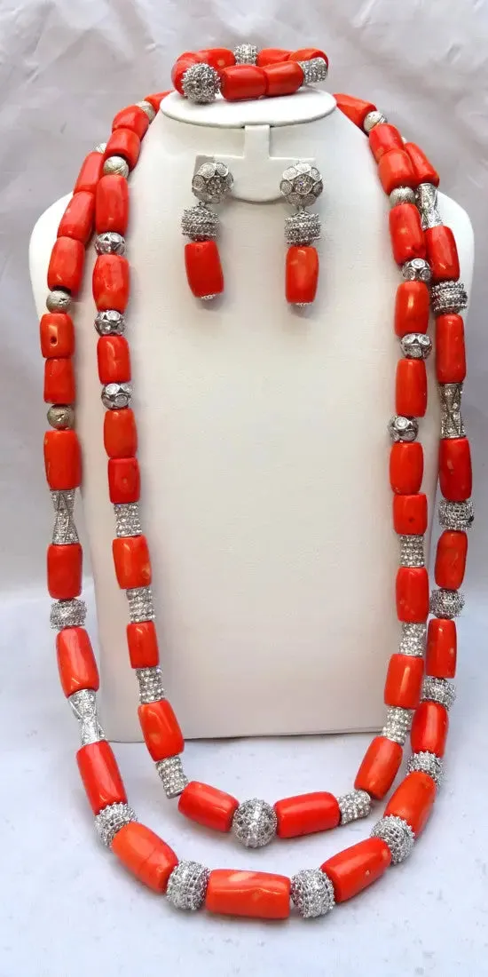 Extra Long All Gold Bling 1 Layers Original Traditional African Coral Beads Silver Bling Necklace Jewelry Set