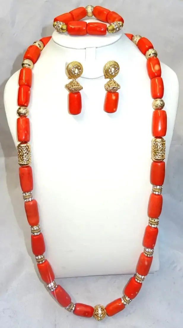 Extra Long All Gold Bling 1 Layers Original Traditional African Coral Beads Silver Bling Necklace Jewelry Set