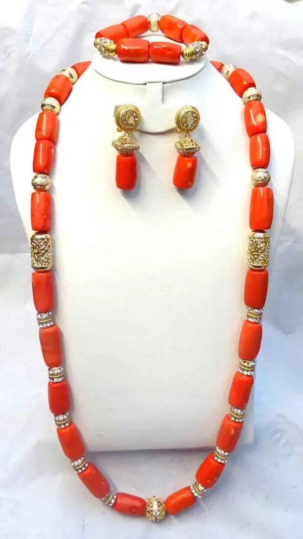 Extra Long All Gold Bling 1 Layers Original Traditional African Coral Beads Silver Bling Necklace Jewelry Set