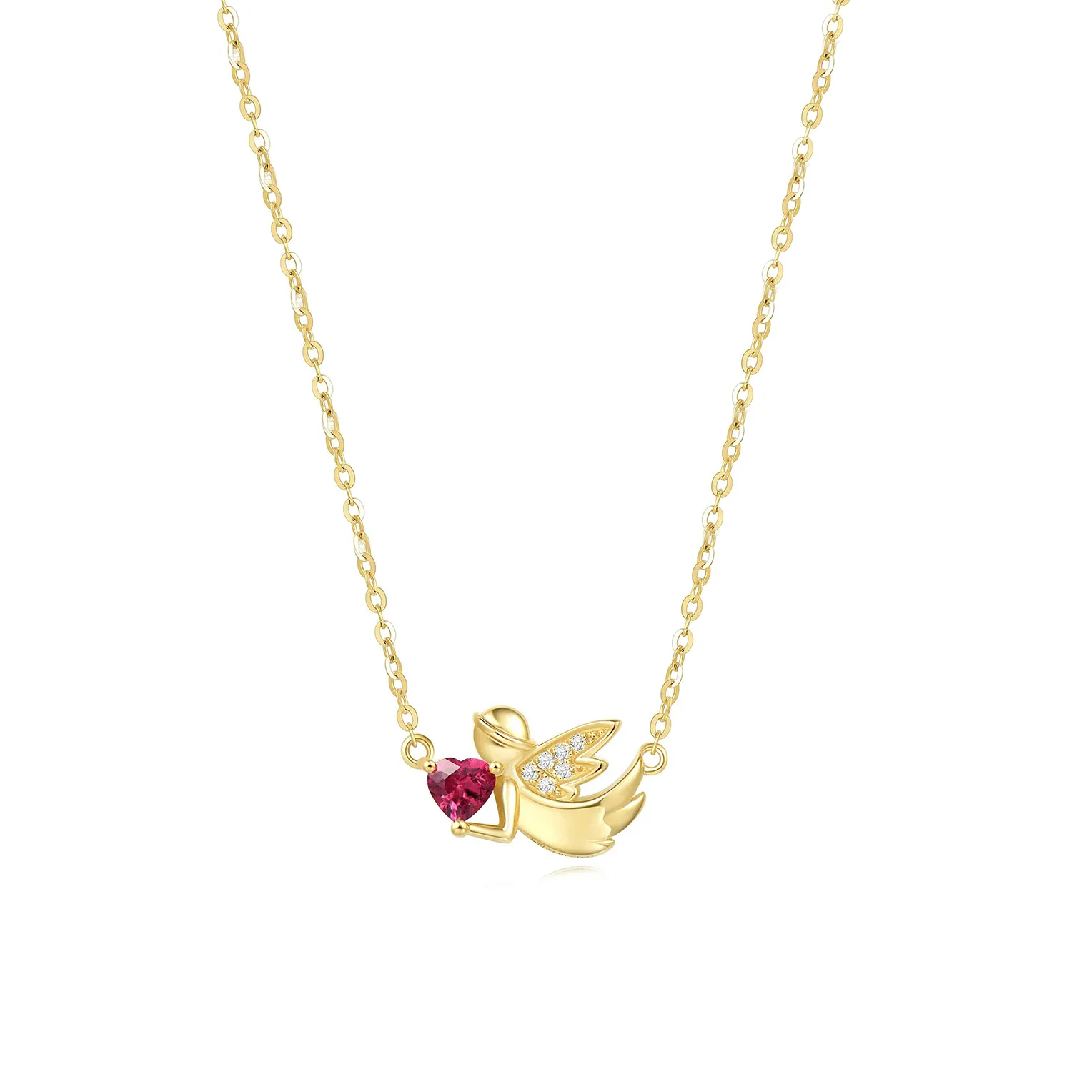 FANCIME Natural Garnet Dainty Angel Wings Heart 14K Yellow Gold Necklace