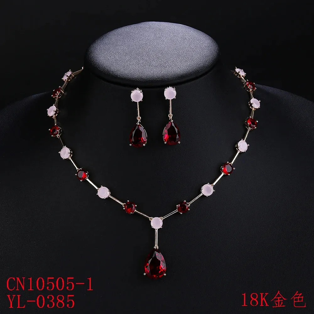 Fashion Simple Crystal Cubic Zirconia Water Drop Necklace Earrings Set Women Jewelry Bridal Wedding Accessories CN10505